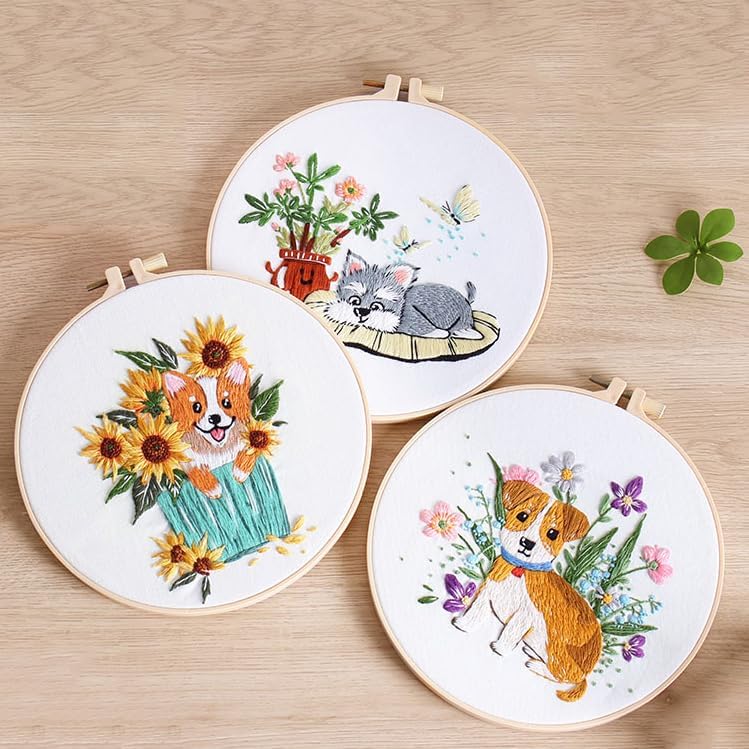 COCOMOX 3 Sets Embroidery Kit for Beginners, Dog Flower Pattern Embroidery Practice Kits for Adults, Hand Embroidery Kit, Easy to Follow Instruction and Video - Image 3